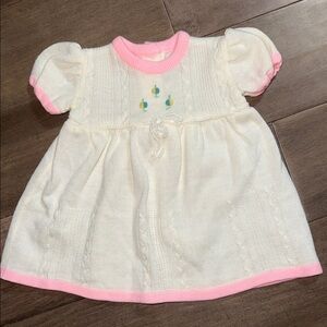 VTG Cradle Knit Baby Dress Cream & Pink Pointelle Knit w/ Floral Embroidery 9M